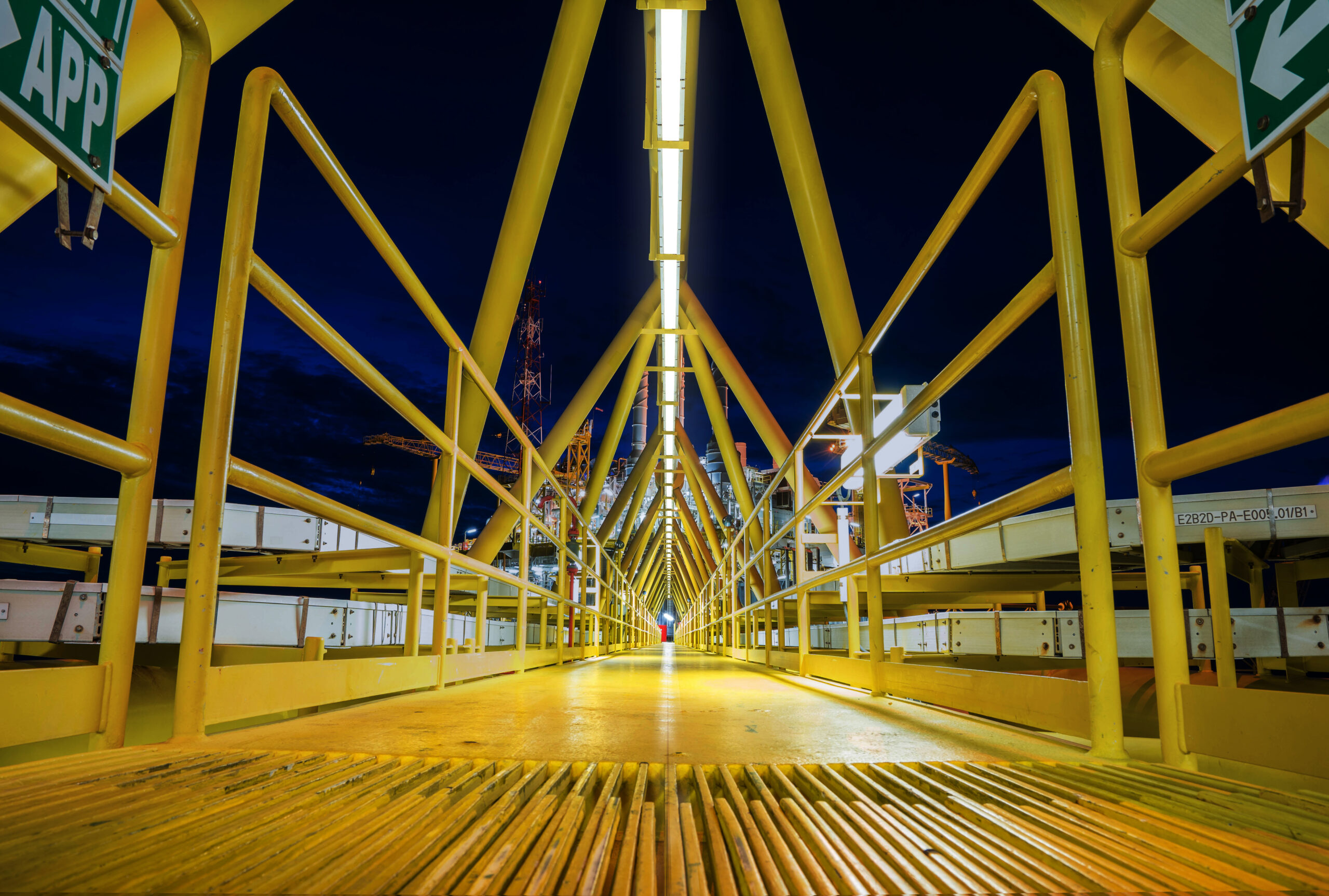 Bridge platform connected between accommodation platform and gas central processing platform, oil and gas industry plant at offshore.