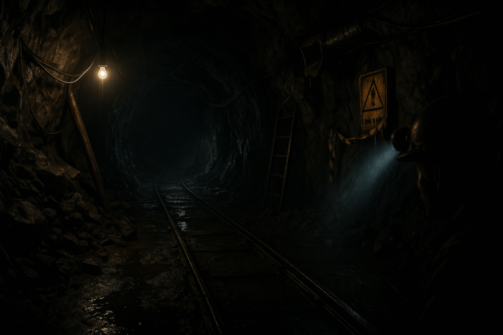 Underground mine tunnel with inadequate lighting creating dangerous shadows and visibility issues